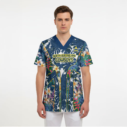 North Queensland Cowboys Scrub Top Tropical Hibiscus Floral Pattern With Blue And Yellow Accents