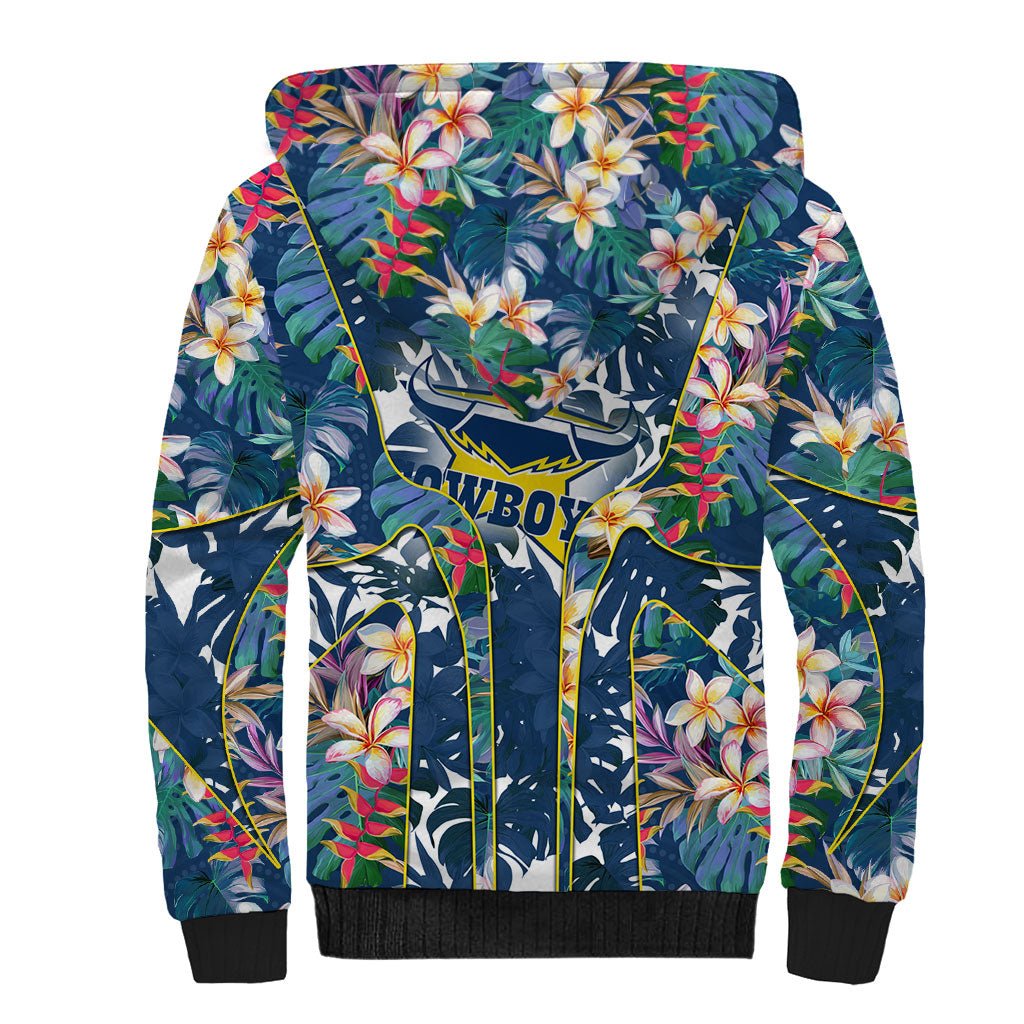 North Queensland Cowboys Sherpa Hoodie Tropical Hibiscus Floral Pattern With Blue And Yellow Accents