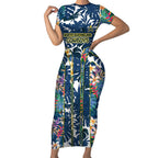 North Queensland Cowboys Short Sleeve Bodycon Dress Tropical Hibiscus Floral Pattern With Blue And Yellow Accents