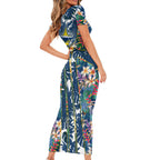 North Queensland Cowboys Short Sleeve Bodycon Dress Tropical Hibiscus Floral Pattern With Blue And Yellow Accents