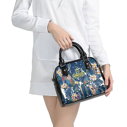 North Queensland Cowboys Shoulder Handbag Tropical Hibiscus Floral Pattern With Blue And Yellow Accents