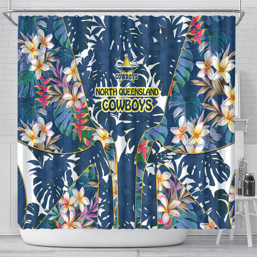 North Queensland Cowboys Shower Curtain Tropical Hibiscus Floral Pattern With Blue And Yellow Accents
