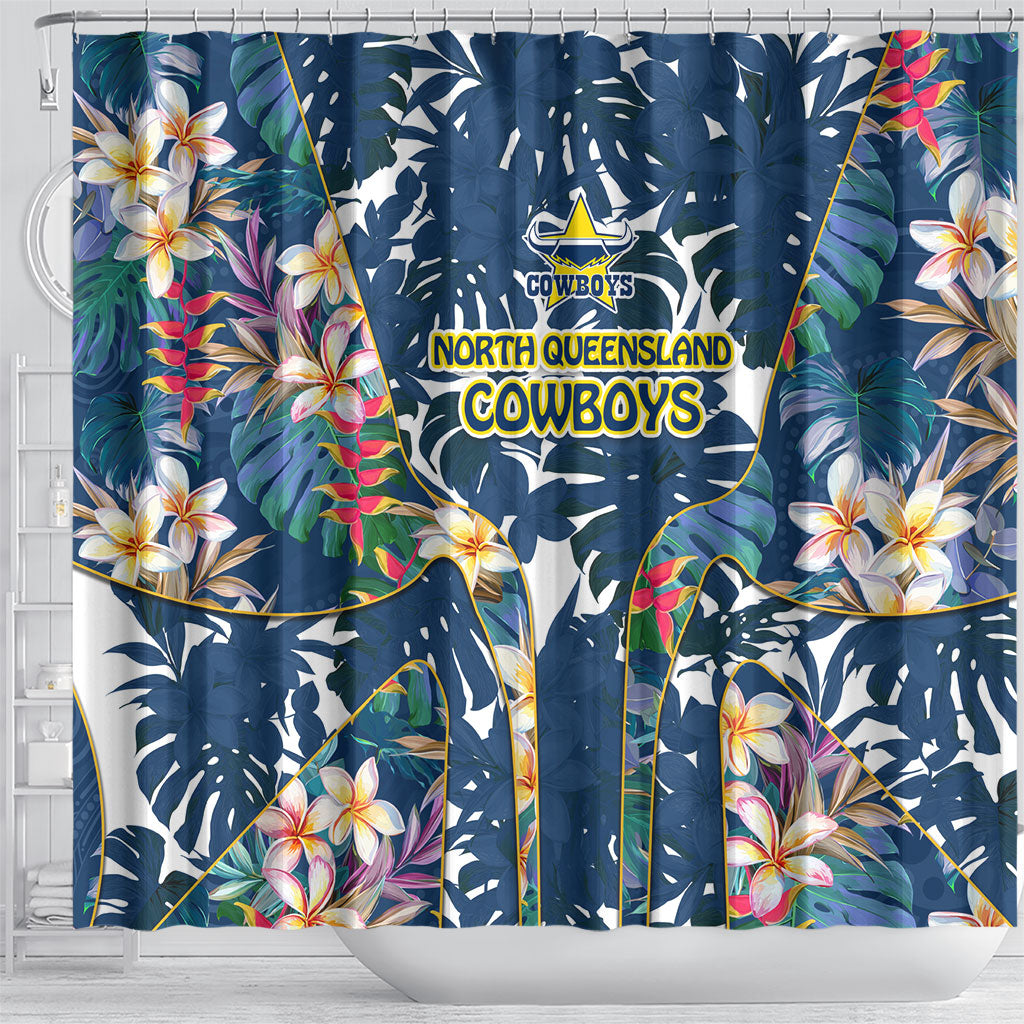 North Queensland Cowboys Shower Curtain Tropical Hibiscus Floral Pattern With Blue And Yellow Accents