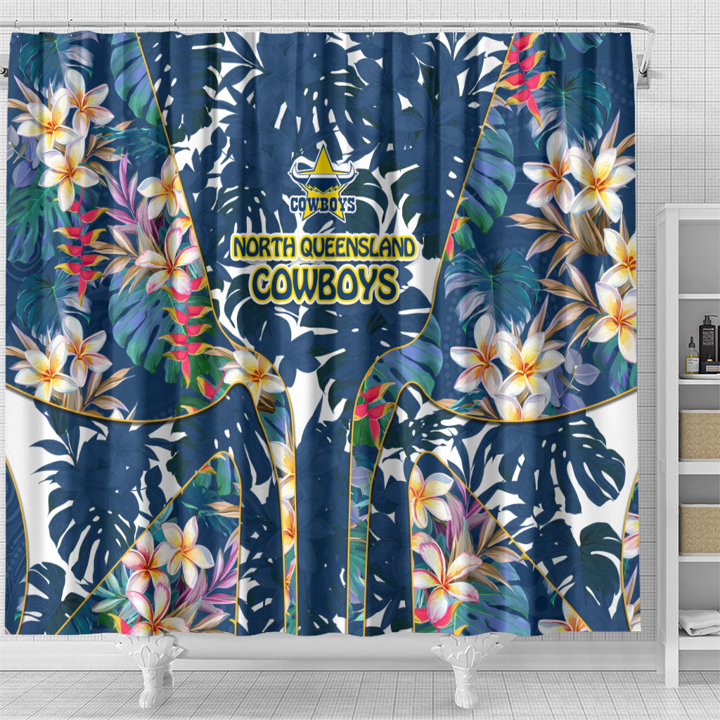North Queensland Cowboys Shower Curtain Tropical Hibiscus Floral Pattern With Blue And Yellow Accents
