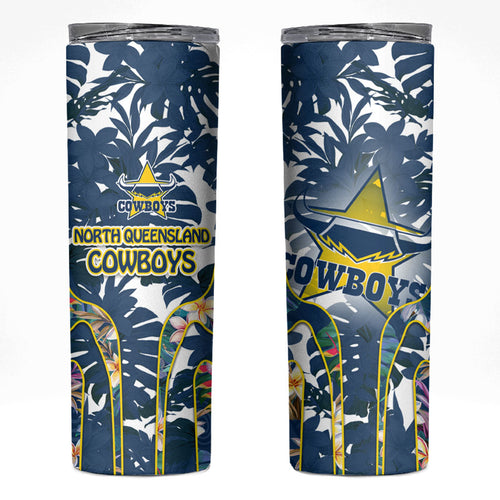 North Queensland Cowboys Skinny Tumbler Tropical Hibiscus Floral Pattern With Blue And Yellow Accents