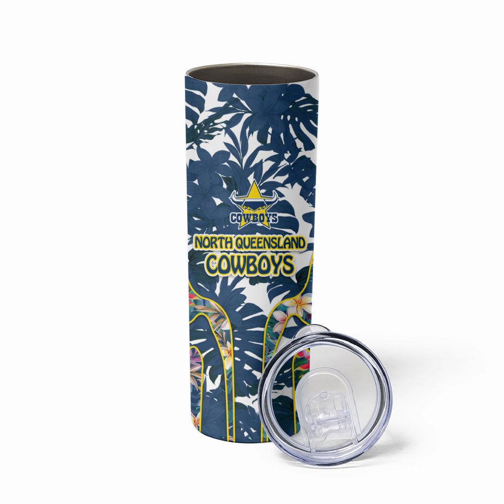 North Queensland Cowboys Skinny Tumbler Tropical Hibiscus Floral Pattern With Blue And Yellow Accents
