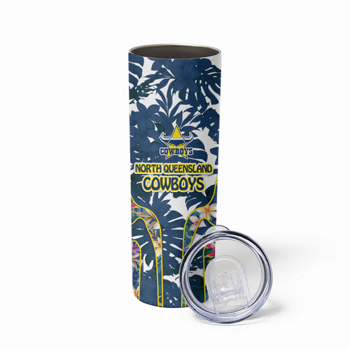 North Queensland Cowboys Skinny Tumbler Tropical Hibiscus Floral Pattern With Blue And Yellow Accents