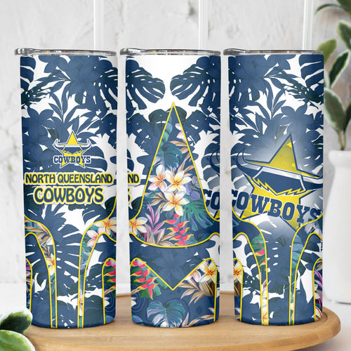 North Queensland Cowboys Skinny Tumbler Tropical Hibiscus Floral Pattern With Blue And Yellow Accents