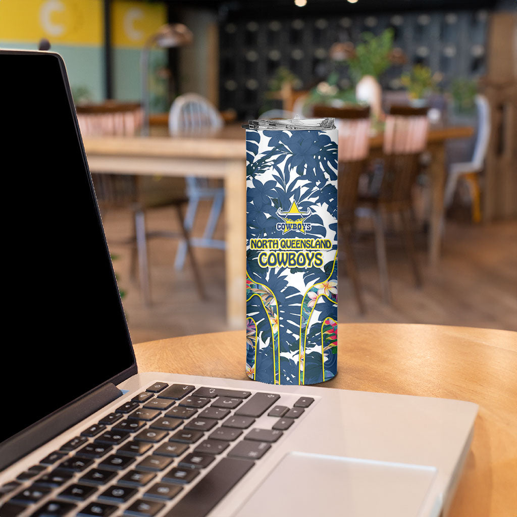 North Queensland Cowboys Skinny Tumbler Tropical Hibiscus Floral Pattern With Blue And Yellow Accents