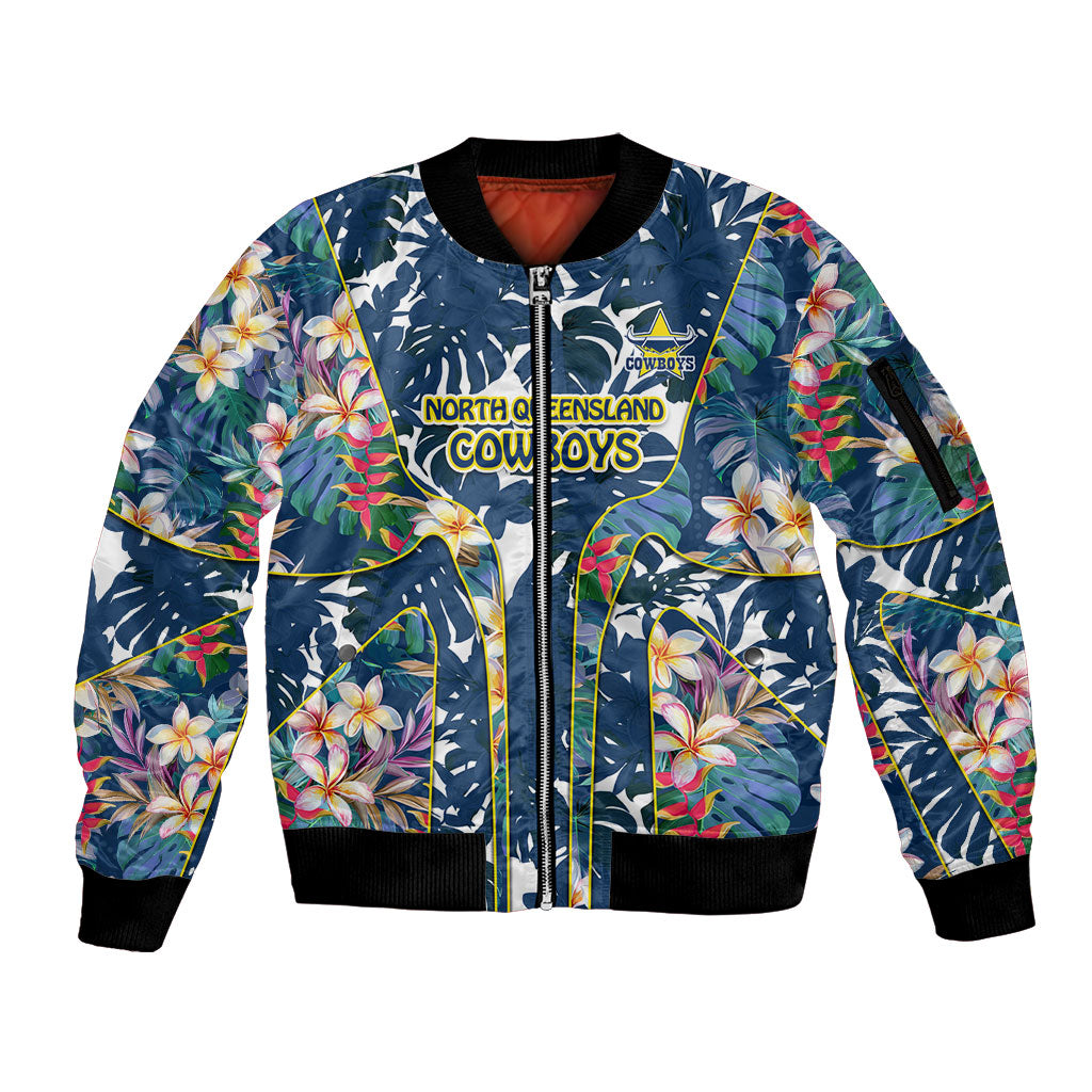 North Queensland Cowboys Sleeve Zip Bomber Jacket Tropical Hibiscus Floral Pattern With Blue And Yellow Accents