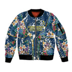 North Queensland Cowboys Sleeve Zip Bomber Jacket Tropical Hibiscus Floral Pattern With Blue And Yellow Accents