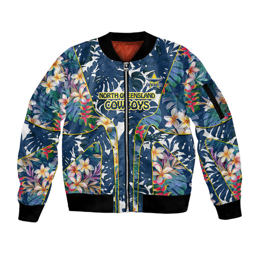 North Queensland Cowboys Sleeve Zip Bomber Jacket Tropical Hibiscus Floral Pattern With Blue And Yellow Accents