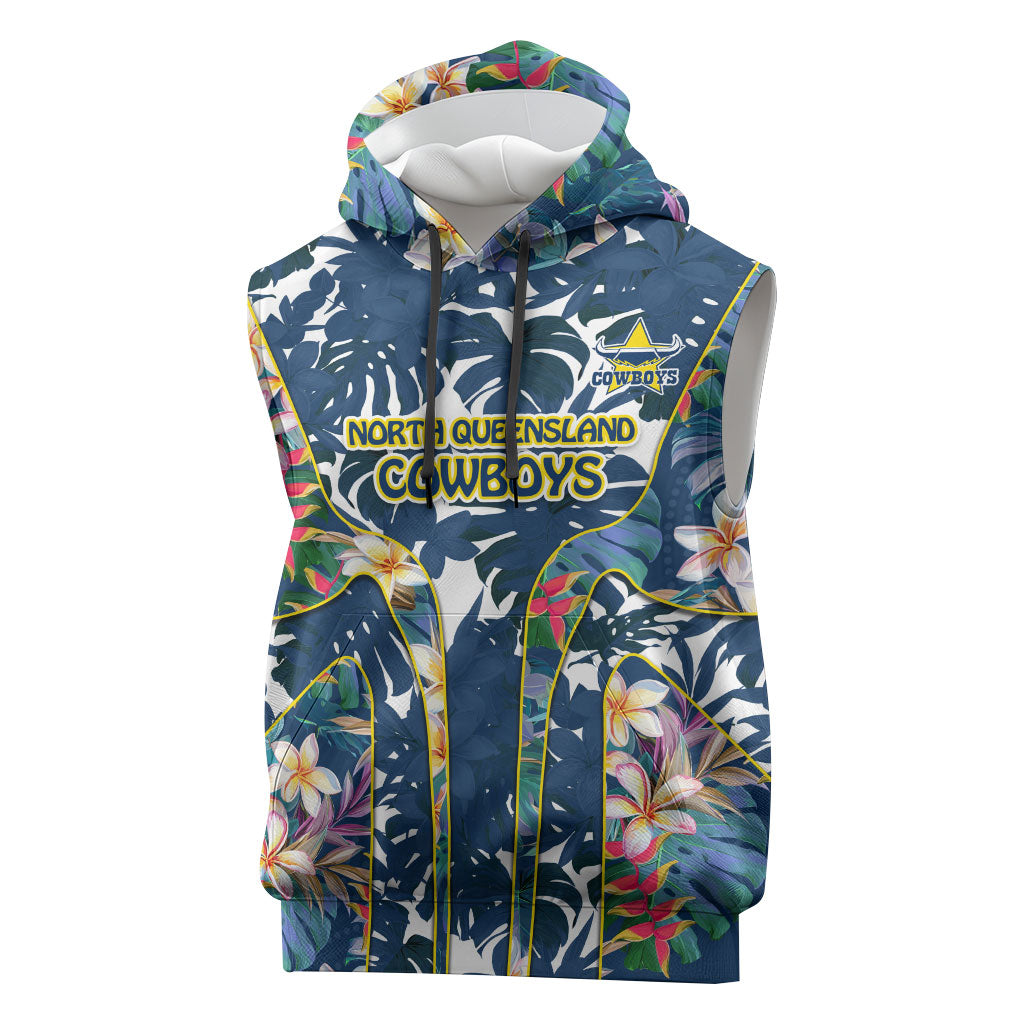 North Queensland Cowboys Sleeveless Hoodie Tropical Hibiscus Floral Pattern With Blue And Yellow Accents