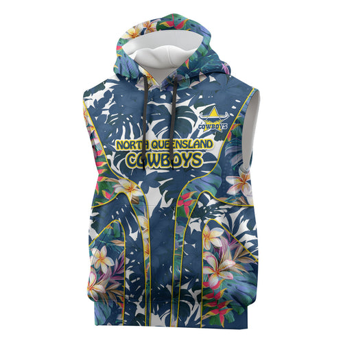 North Queensland Cowboys Sleeveless Hoodie Tropical Hibiscus Floral Pattern With Blue And Yellow Accents