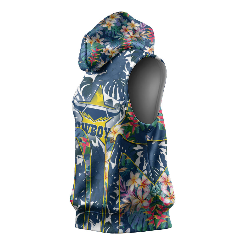 North Queensland Cowboys Sleeveless Hoodie Tropical Hibiscus Floral Pattern With Blue And Yellow Accents