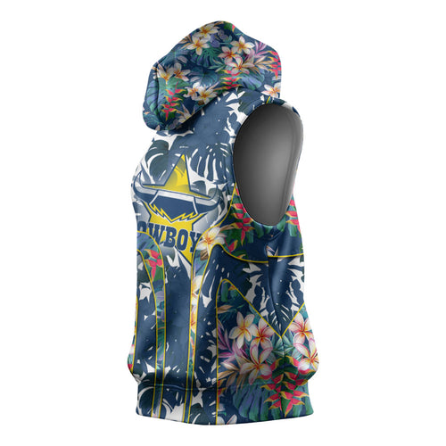 North Queensland Cowboys Sleeveless Hoodie Tropical Hibiscus Floral Pattern With Blue And Yellow Accents