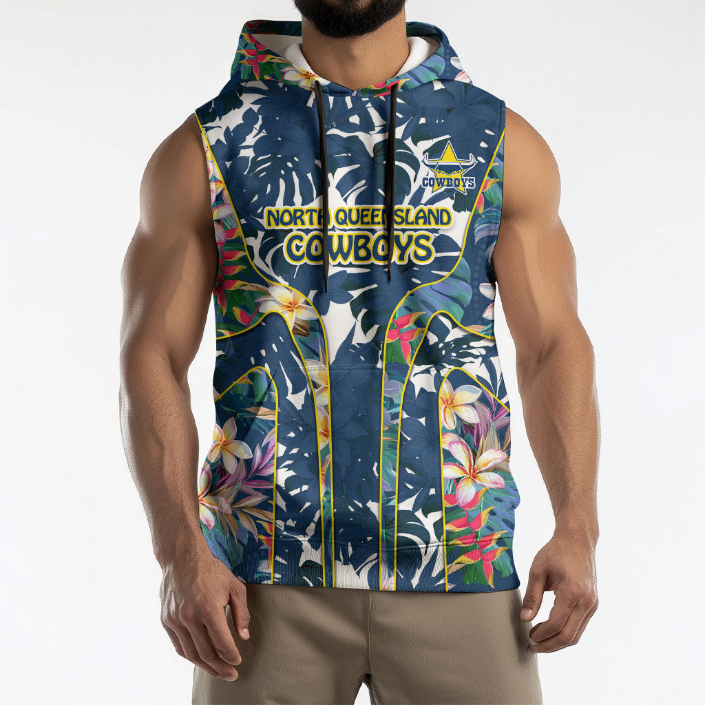 North Queensland Cowboys Sleeveless Hoodie Tropical Hibiscus Floral Pattern With Blue And Yellow Accents