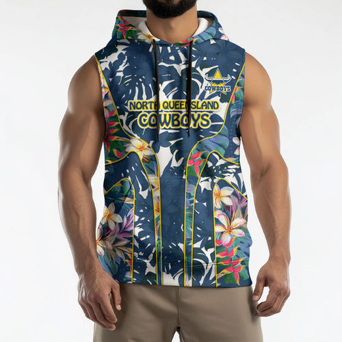 North Queensland Cowboys Sleeveless Hoodie Tropical Hibiscus Floral Pattern With Blue And Yellow Accents