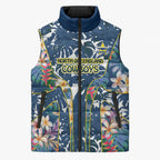 North Queensland Cowboys Sleeveless Puffer Jacket Tropical Hibiscus Floral Pattern With Blue And Yellow Accents
