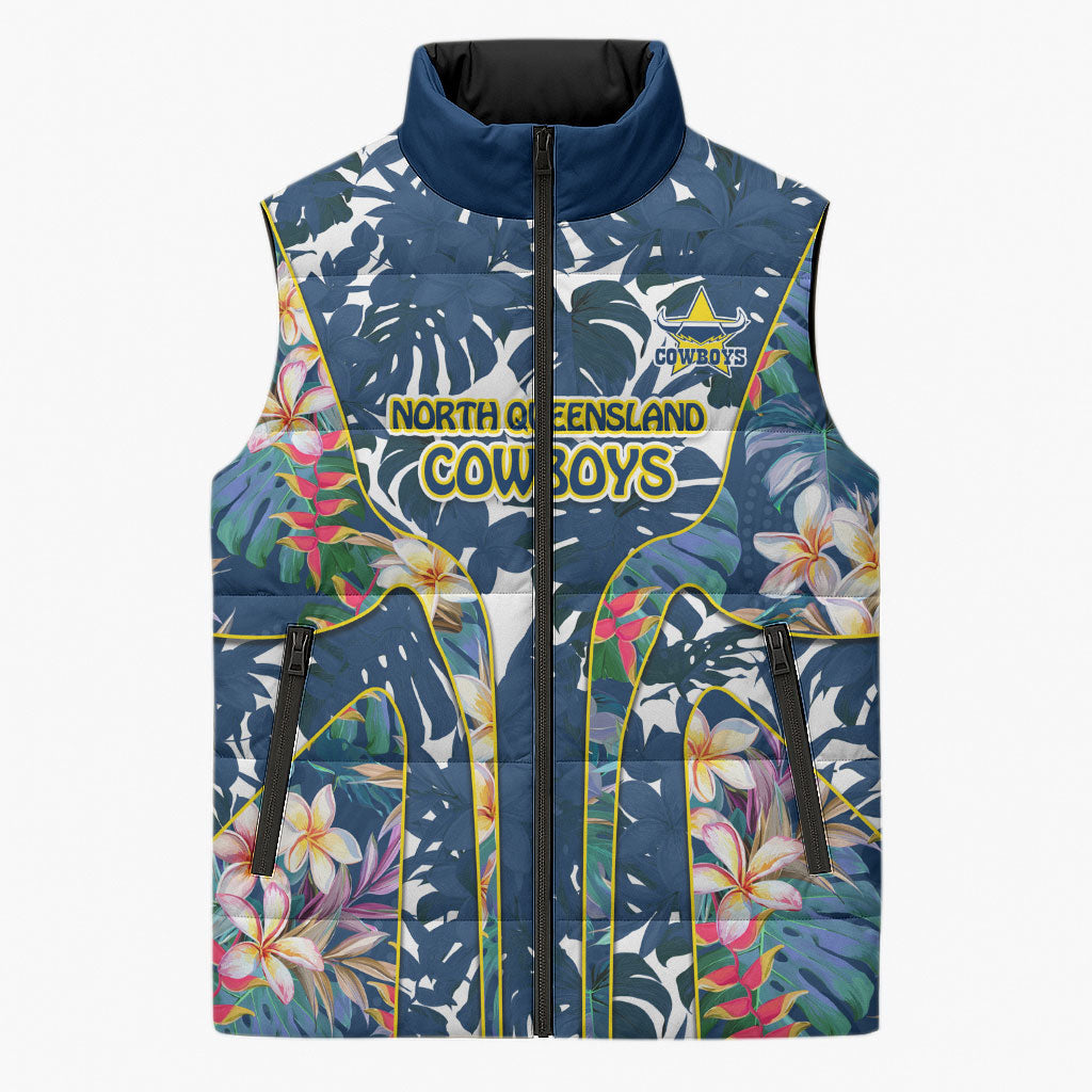 North Queensland Cowboys Sleeveless Puffer Jacket Tropical Hibiscus Floral Pattern With Blue And Yellow Accents