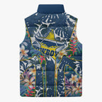 North Queensland Cowboys Sleeveless Puffer Jacket Tropical Hibiscus Floral Pattern With Blue And Yellow Accents