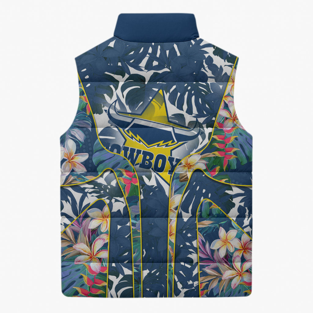 North Queensland Cowboys Sleeveless Puffer Jacket Tropical Hibiscus Floral Pattern With Blue And Yellow Accents