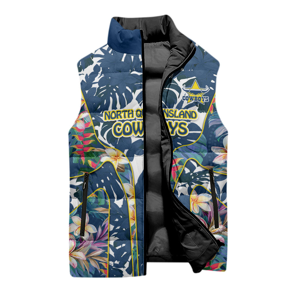 North Queensland Cowboys Sleeveless Puffer Jacket Tropical Hibiscus Floral Pattern With Blue And Yellow Accents