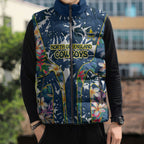 North Queensland Cowboys Sleeveless Puffer Jacket Tropical Hibiscus Floral Pattern With Blue And Yellow Accents