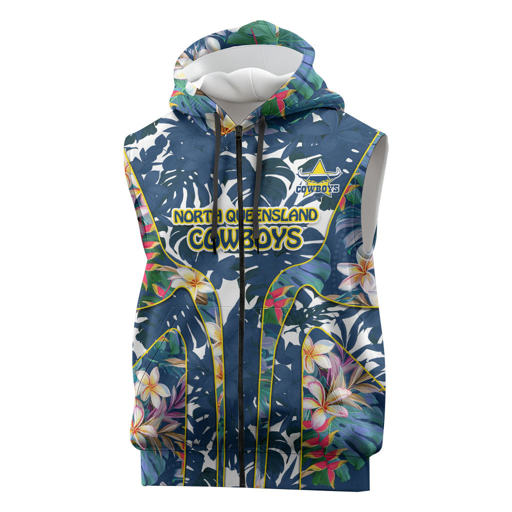 North Queensland Cowboys Sleeveless Zip Hoodie Tropical Hibiscus Floral Pattern With Blue And Yellow Accents