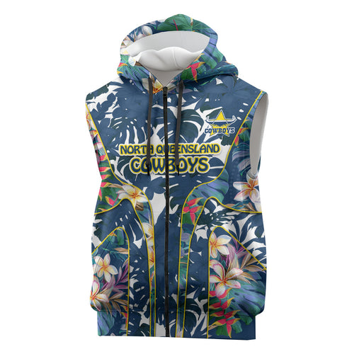 North Queensland Cowboys Sleeveless Zip Hoodie Tropical Hibiscus Floral Pattern With Blue And Yellow Accents
