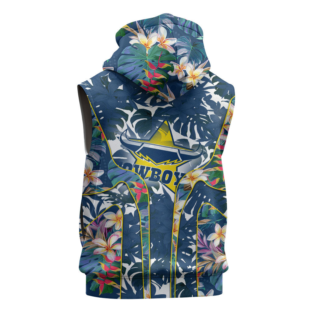 North Queensland Cowboys Sleeveless Zip Hoodie Tropical Hibiscus Floral Pattern With Blue And Yellow Accents