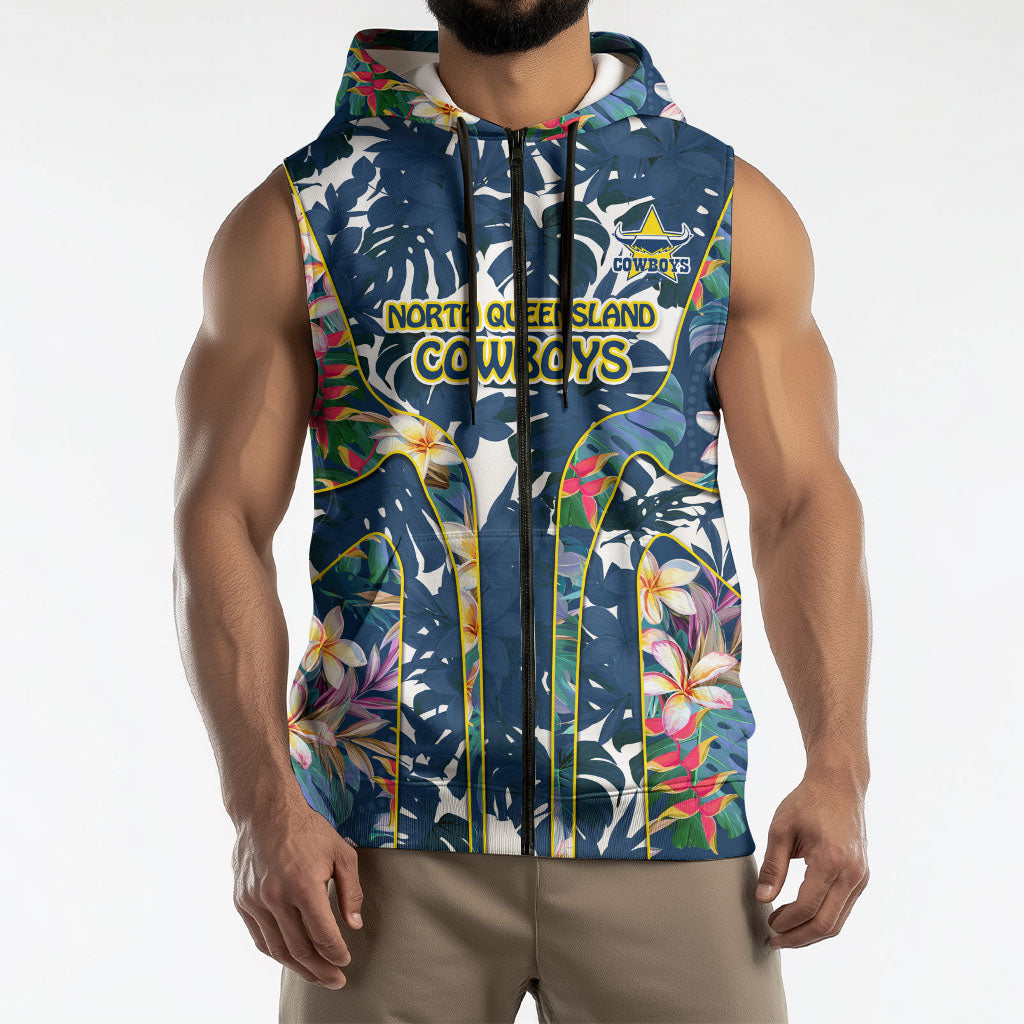 North Queensland Cowboys Sleeveless Zip Hoodie Tropical Hibiscus Floral Pattern With Blue And Yellow Accents