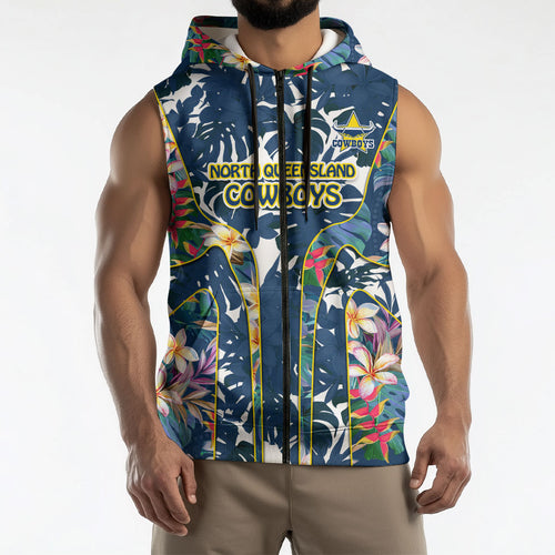 North Queensland Cowboys Sleeveless Zip Hoodie Tropical Hibiscus Floral Pattern With Blue And Yellow Accents