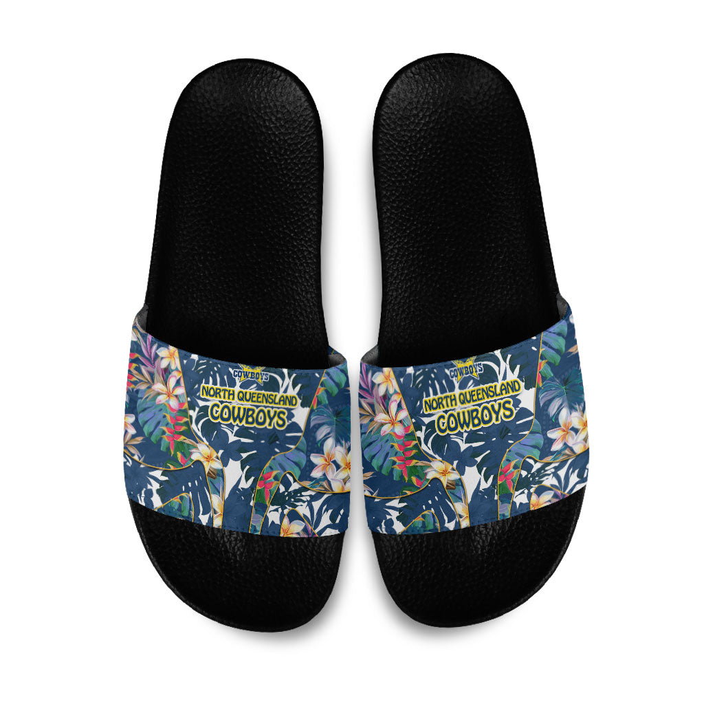 North Queensland Cowboys Slide Sandals Tropical Hibiscus Floral Pattern With Blue And Yellow Accents