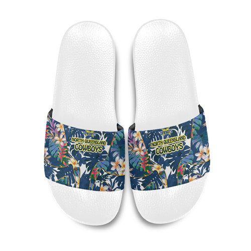 North Queensland Cowboys Slide Sandals Tropical Hibiscus Floral Pattern With Blue And Yellow Accents