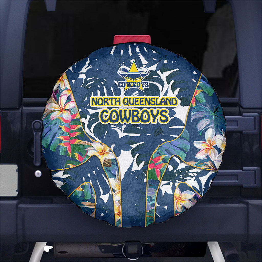 North Queensland Cowboys Spare Tire Cover Tropical Hibiscus Floral Pattern With Blue And Yellow Accents