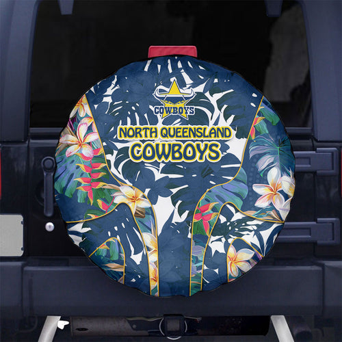 North Queensland Cowboys Spare Tire Cover Tropical Hibiscus Floral Pattern With Blue And Yellow Accents