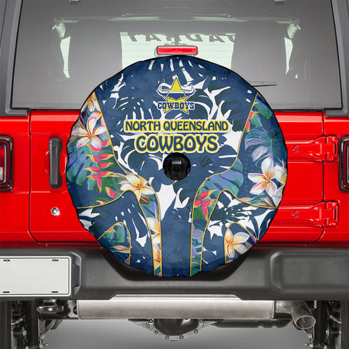 North Queensland Cowboys Spare Tire Cover Tropical Hibiscus Floral Pattern With Blue And Yellow Accents