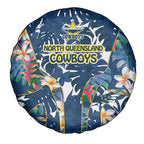North Queensland Cowboys Spare Tire Cover Tropical Hibiscus Floral Pattern With Blue And Yellow Accents