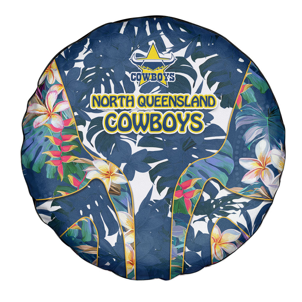 North Queensland Cowboys Spare Tire Cover Tropical Hibiscus Floral Pattern With Blue And Yellow Accents