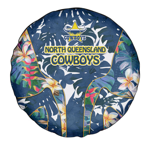North Queensland Cowboys Spare Tire Cover Tropical Hibiscus Floral Pattern With Blue And Yellow Accents