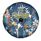 North Queensland Cowboys Spare Tire Cover Tropical Hibiscus Floral Pattern With Blue And Yellow Accents