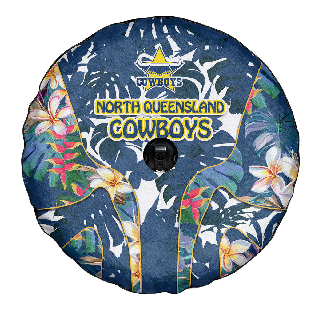 North Queensland Cowboys Spare Tire Cover Tropical Hibiscus Floral Pattern With Blue And Yellow Accents