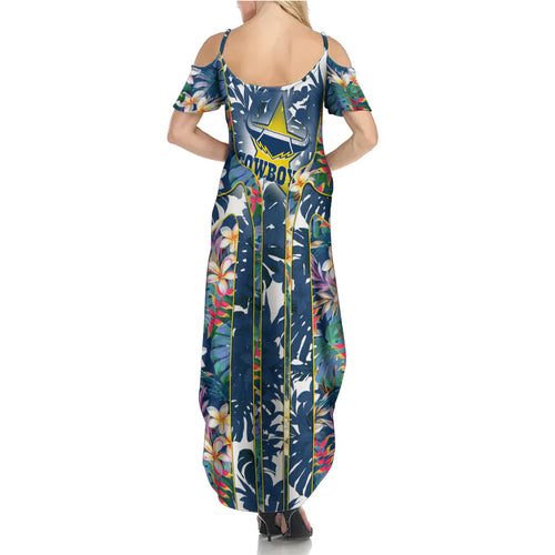 North Queensland Cowboys Summer Maxi Dress Tropical Hibiscus Floral Pattern With Blue And Yellow Accents