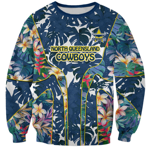 North Queensland Cowboys Sweatshirt Tropical Hibiscus Floral Pattern With Blue And Yellow Accents
