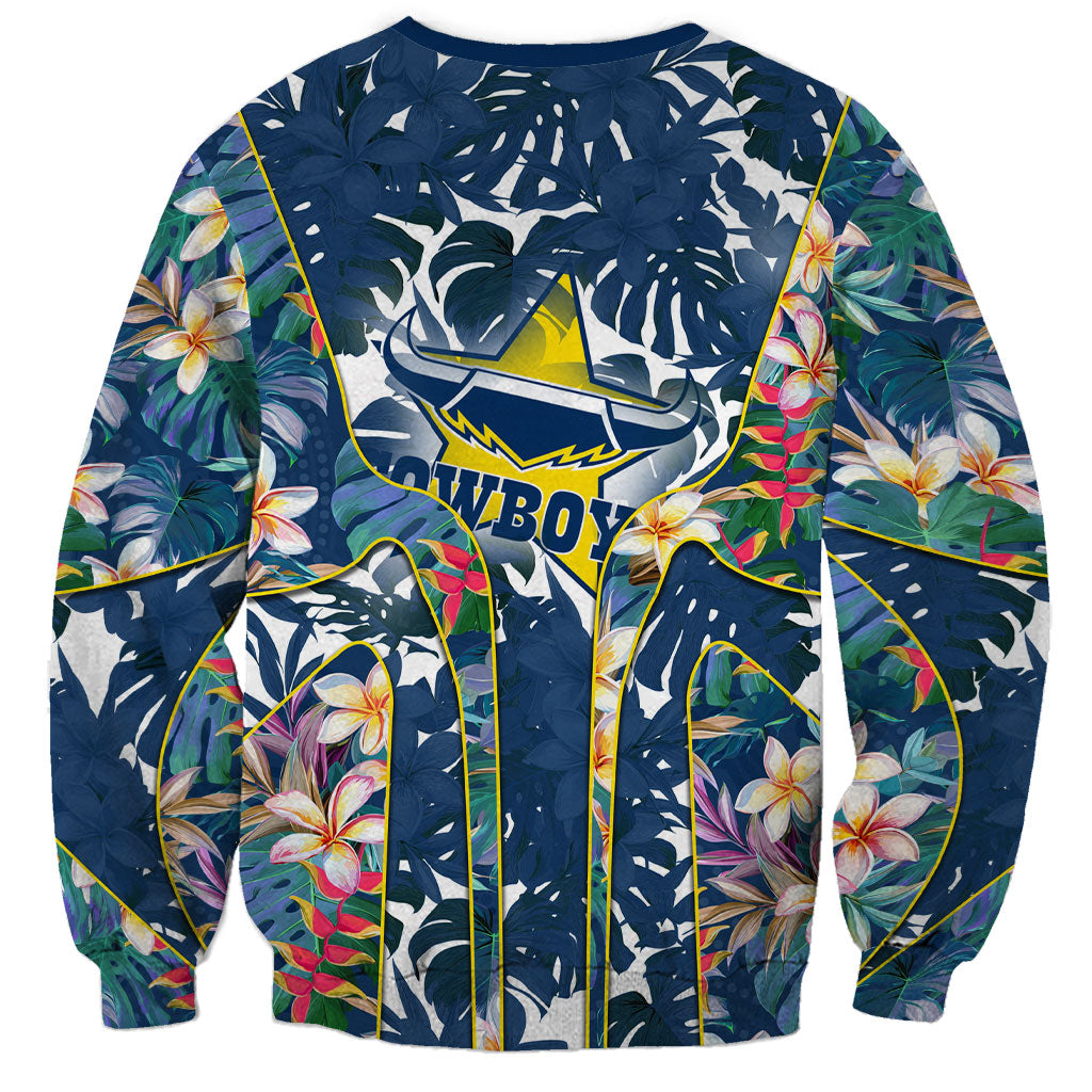North Queensland Cowboys Sweatshirt Tropical Hibiscus Floral Pattern With Blue And Yellow Accents