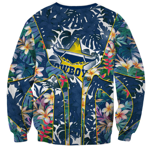North Queensland Cowboys Sweatshirt Tropical Hibiscus Floral Pattern With Blue And Yellow Accents
