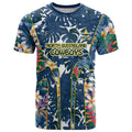 North Queensland Cowboys T Shirt Tropical Hibiscus Floral Pattern With Blue And Yellow Accents