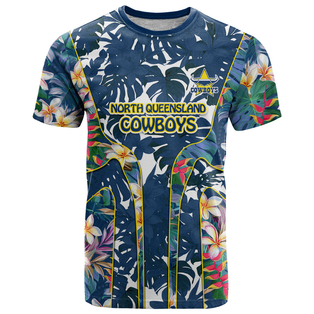 North Queensland Cowboys T Shirt Tropical Hibiscus Floral Pattern With Blue And Yellow Accents