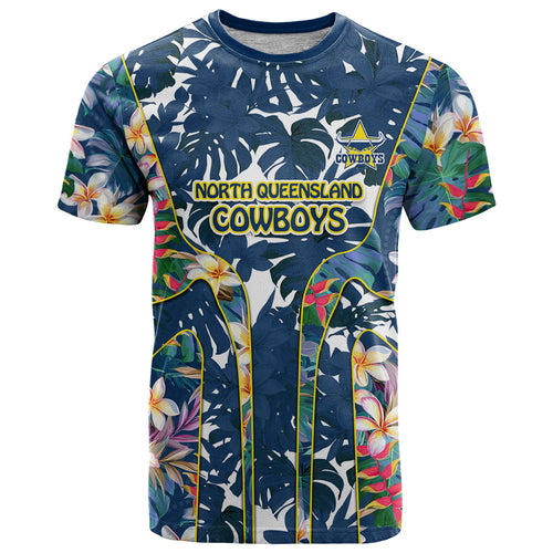 North Queensland Cowboys T Shirt Tropical Hibiscus Floral Pattern With Blue And Yellow Accents